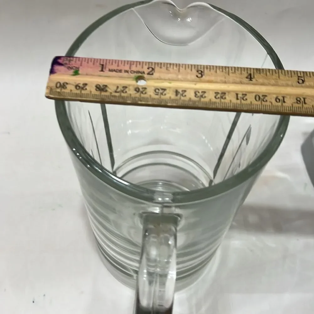 Pitcher Clear Heavy Cut Glass 2 Quarts Or 8 Cups 8 1/4 In Tall 5 In Round Spout
